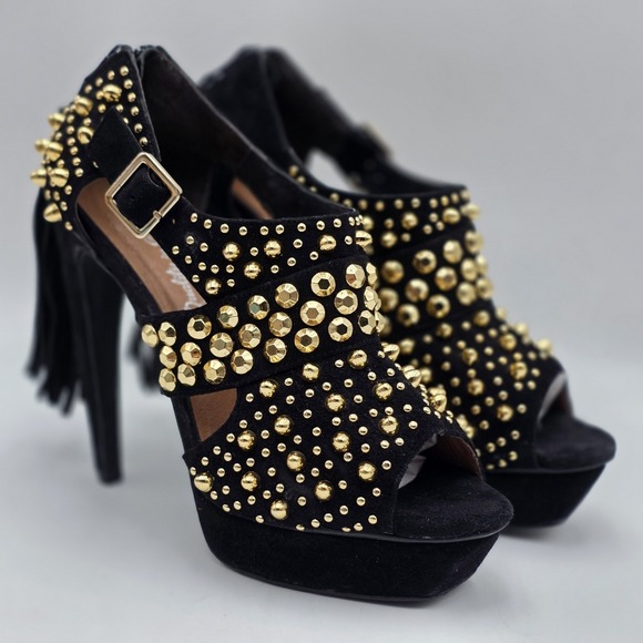 Jeffrey Campbell Shoes - Jeffrey Campbell Pony Tail Heel Black Suede With Gold Studs Women's Size 9.5